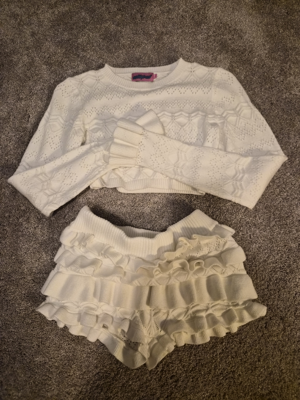 Edikted White Knit Ruffle Crop Sweater & Tiered Ruffle Shorts Set
